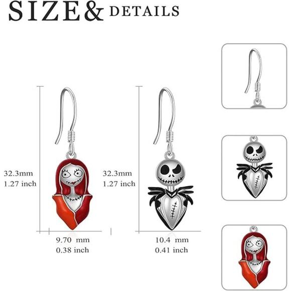 Jack Skellington And Sally Earrings Sterling Silver Skull Nightmare Earrings - Picture 3 of 5